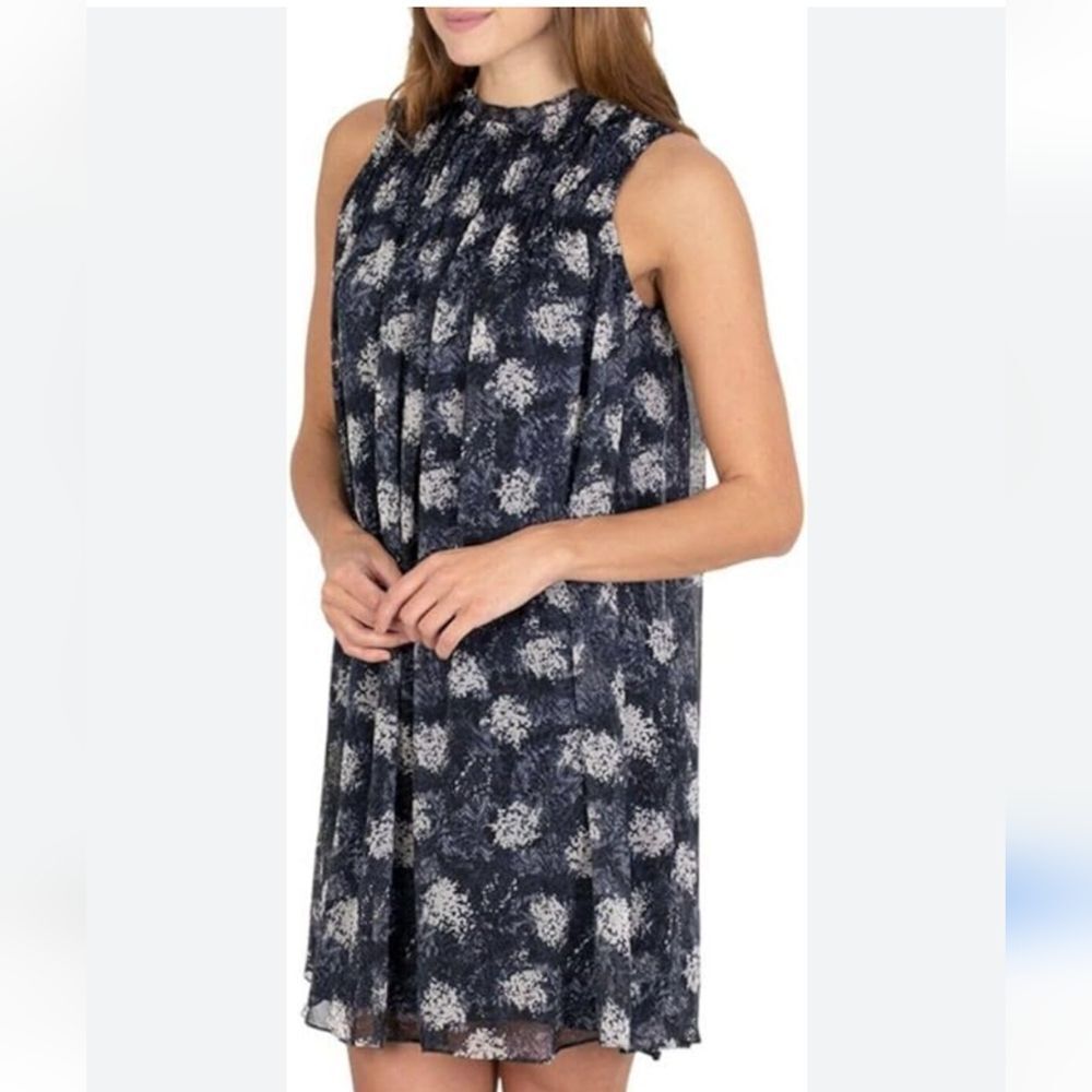 Joie Baltic Print Mini Swing Dress Sheer Pleated Ruffle Trim Neck Size L
